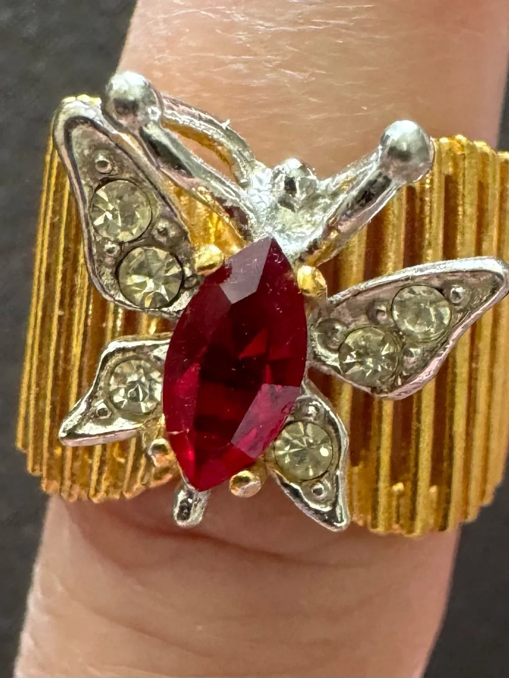 Vintage Gold Butterfly Ring with Red Center Stone 18K GP